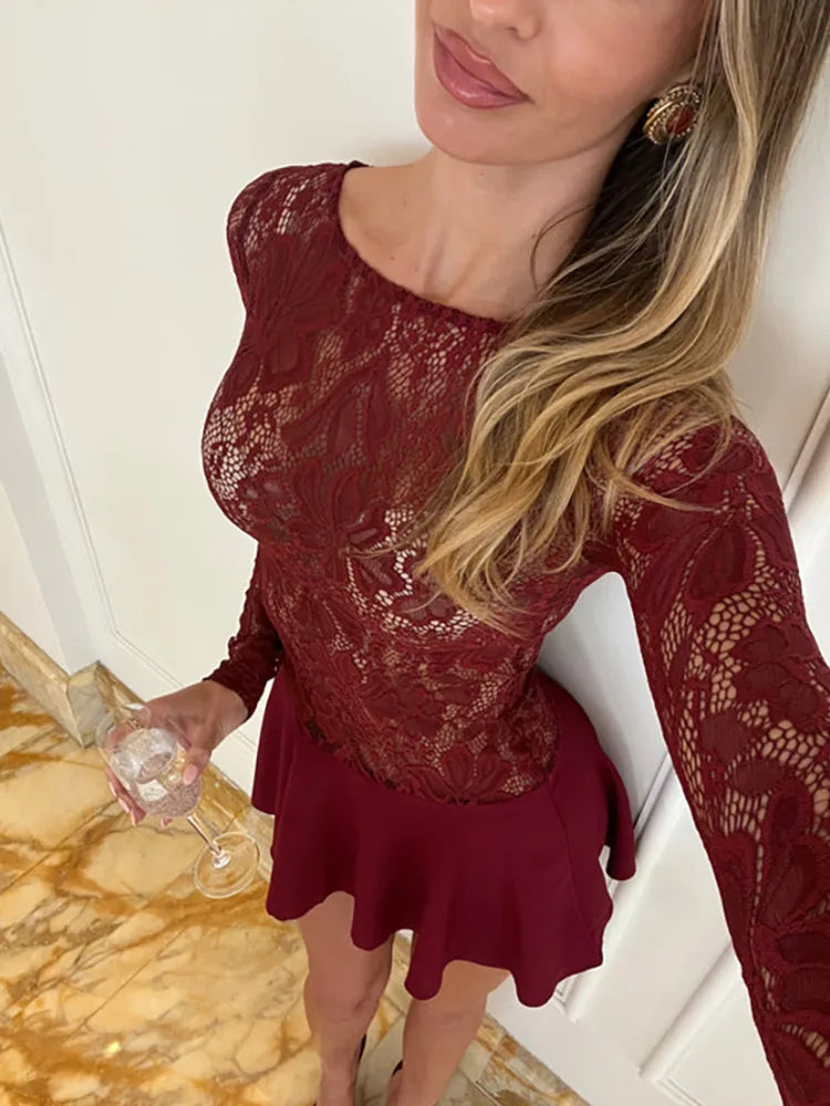 Lace Long Sleeve Sexy Mini Dress For Women Robe Patchwork O Neck Sheer Lace High Waist A-line Club Party Dress Vestido