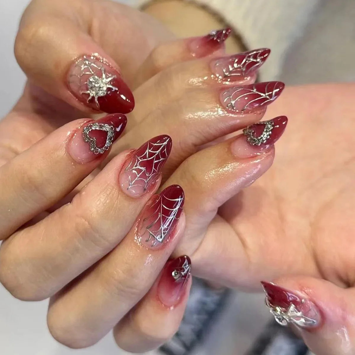Lot de 24 faux ongles à coller faits main, motif amande, motif chauve-souris, araignée, style Halloween, style Y2K, tendance !