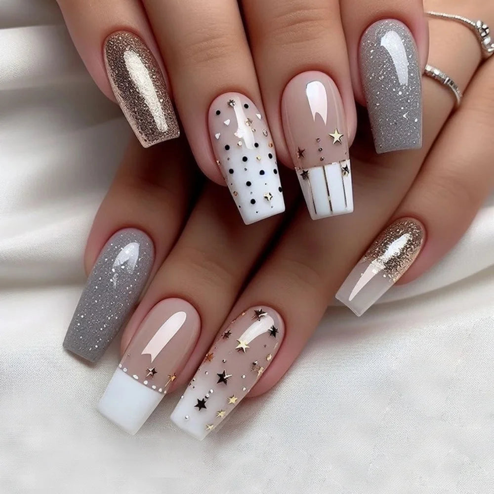24pcs Flower Full Cover Nail with Pearl Design Mid-length Ballet False Nails Press on Square Fake Nail Tip Wearable Manicure Set