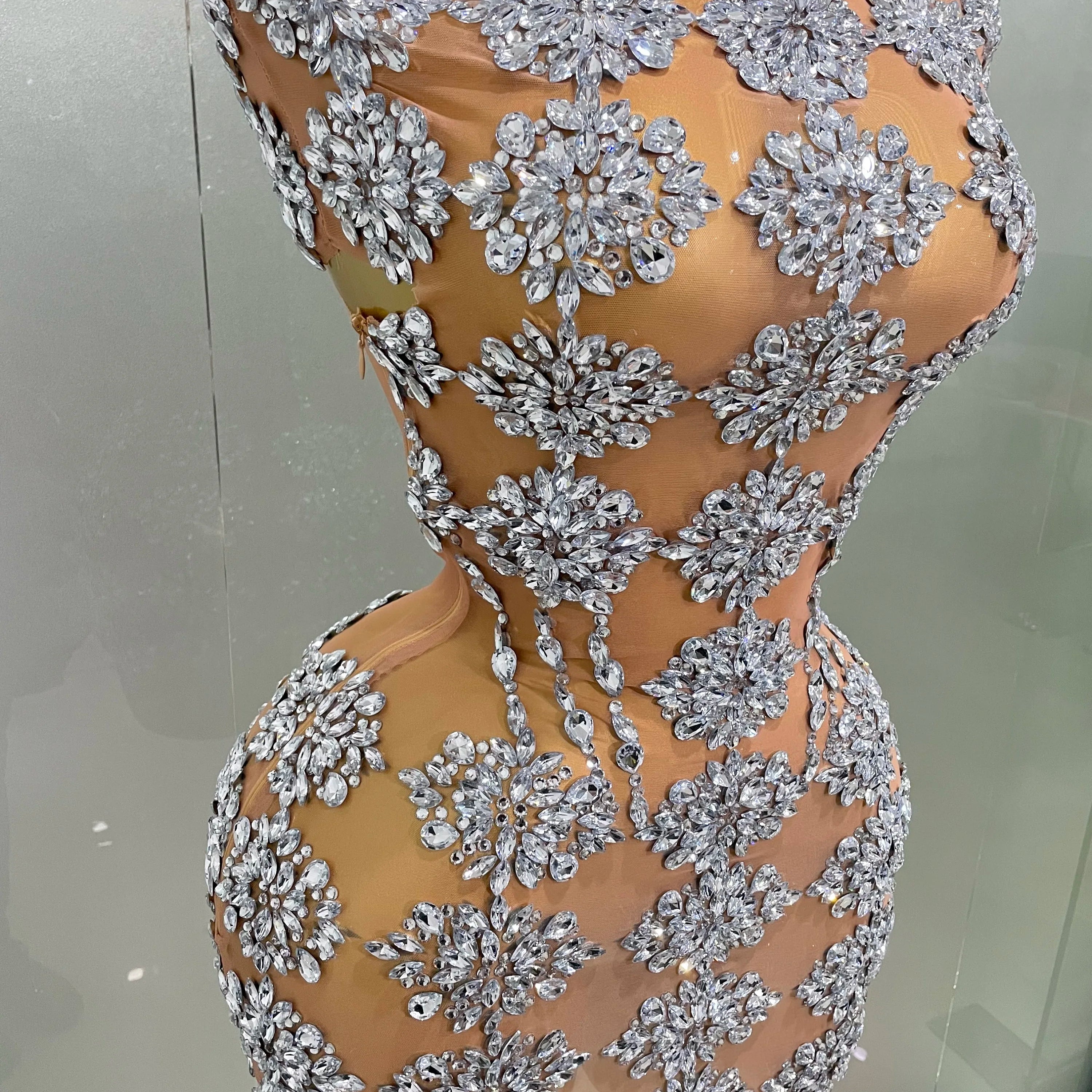 Luxury Sparkly Rhinestone Mesh Mini Dress 2025Women Sexy Nightclub Party Dance Performance Costume Singer Dancer Show Stage Wear