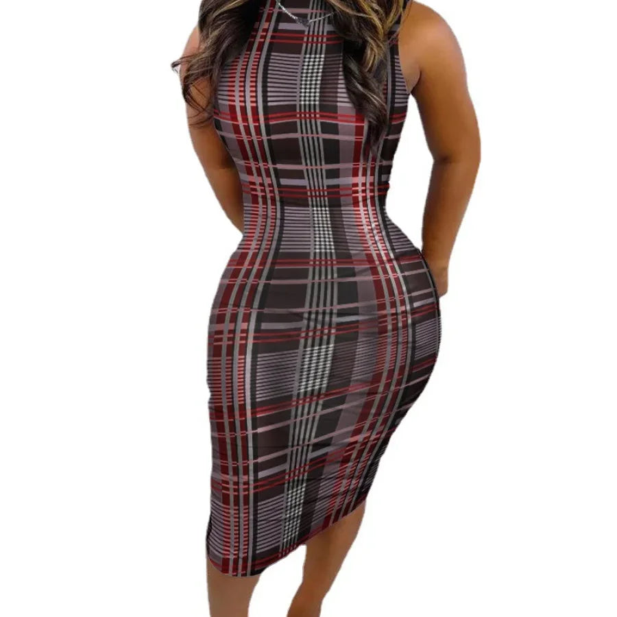 Summer Women Sleeveless Dress Printed Sexy Slim Pullover O Neck Midi Bodycon Dress Nightclub Party Elegant Evening Dresses