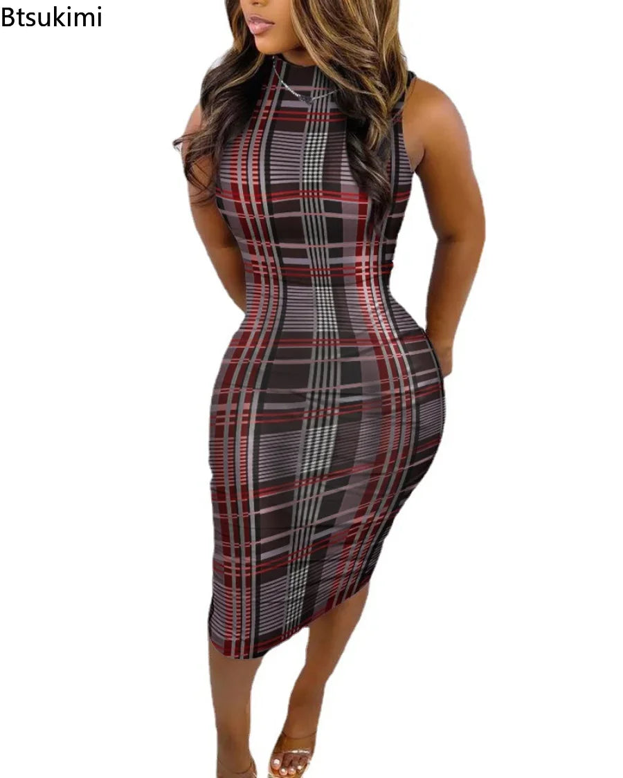 Summer Women Sleeveless Dress Printed Sexy Slim Pullover O Neck Midi Bodycon Dress Nightclub Party Elegant Evening Dresses