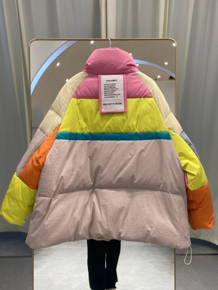 Oversize Denim Spliced Down Jacket Women Large Pockets Winter Coat Zipper Patchwork Puffer Jacket Windproof Thicken