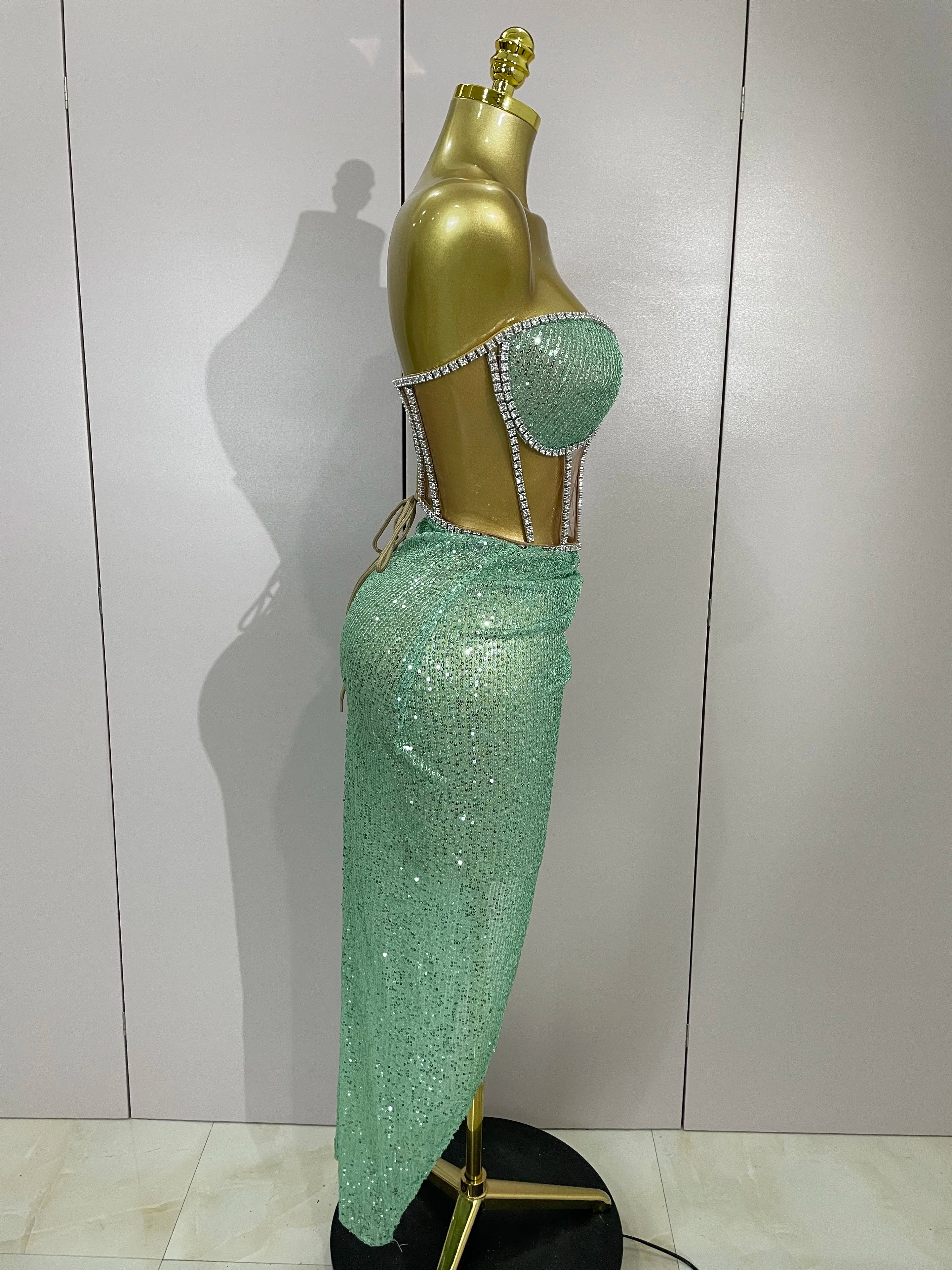 Sparkly Sequins Diamond Birthday Party Two Piece Set Evening Dress 2025 Women Sexy Singer Dancer NightClub Bar Performan Costume