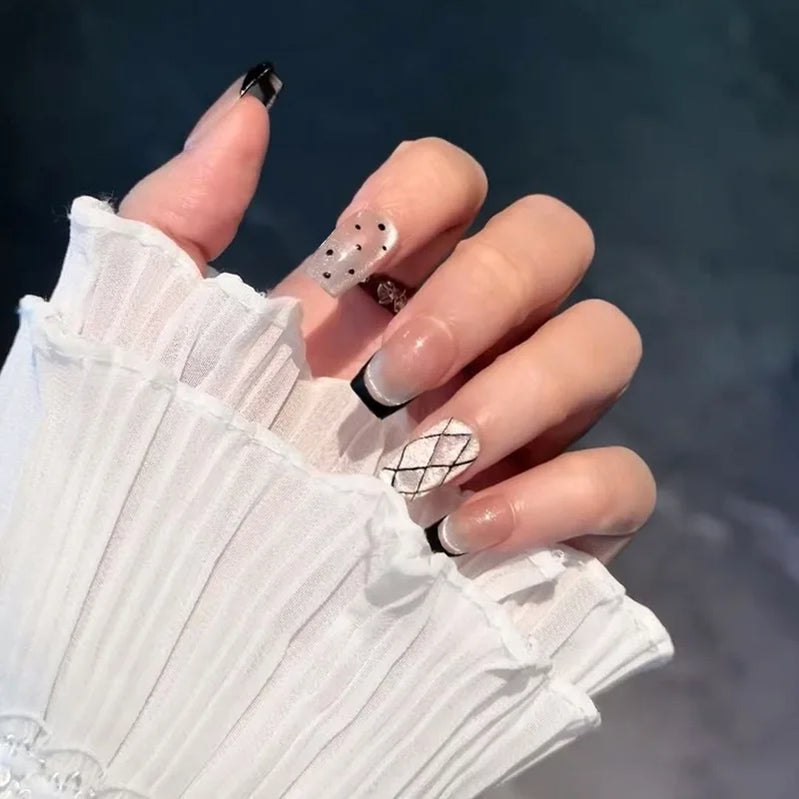 24Pcs Nude Pink French Fake Nail Ballet Full Cover Nail Tips with Rhinestone Leopard Print Design Wearable Press on False Nails
