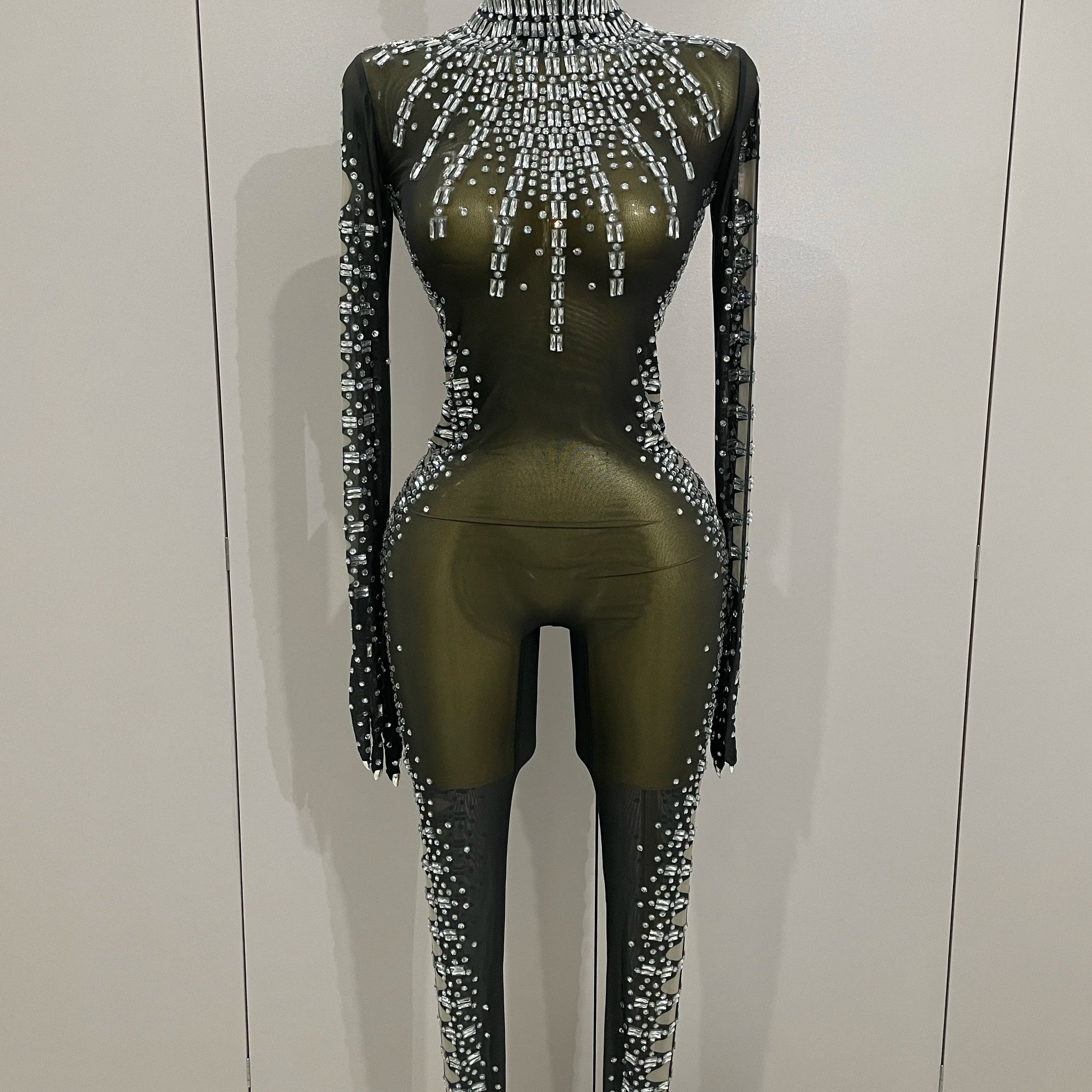 Sexy Sparkly Crystals Black Mesh Jumpsuit With Gloves 2025 Women Celebrate Birthday Party NightClub Singer Dance Stage Costumes