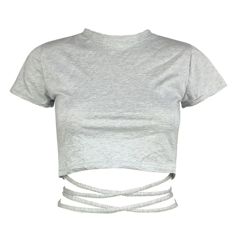 13 Colors Women Lace Up Cropped T-shirts Summer Lady O-Neck Short Sleeve Slim Bandage Tee Tops GXJCK-2180 Gray