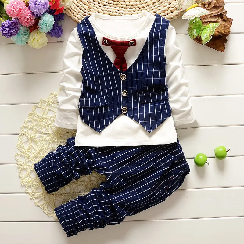 Kids Thinner Clothes Sets Spring Autumn Tracksuit Baby Boys Kid Long Sleeve Gentleman Suits Children T Shirt Pants Clothing Sets S0012-Navy