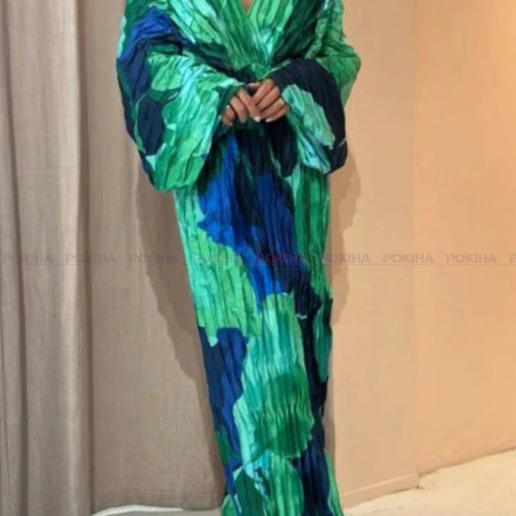 CIL V-neck Loose Backless Baggy Sleeve Women Split Maxi Dress Vintage Printed Vacation Elegant Pleated Long Dress Vestido