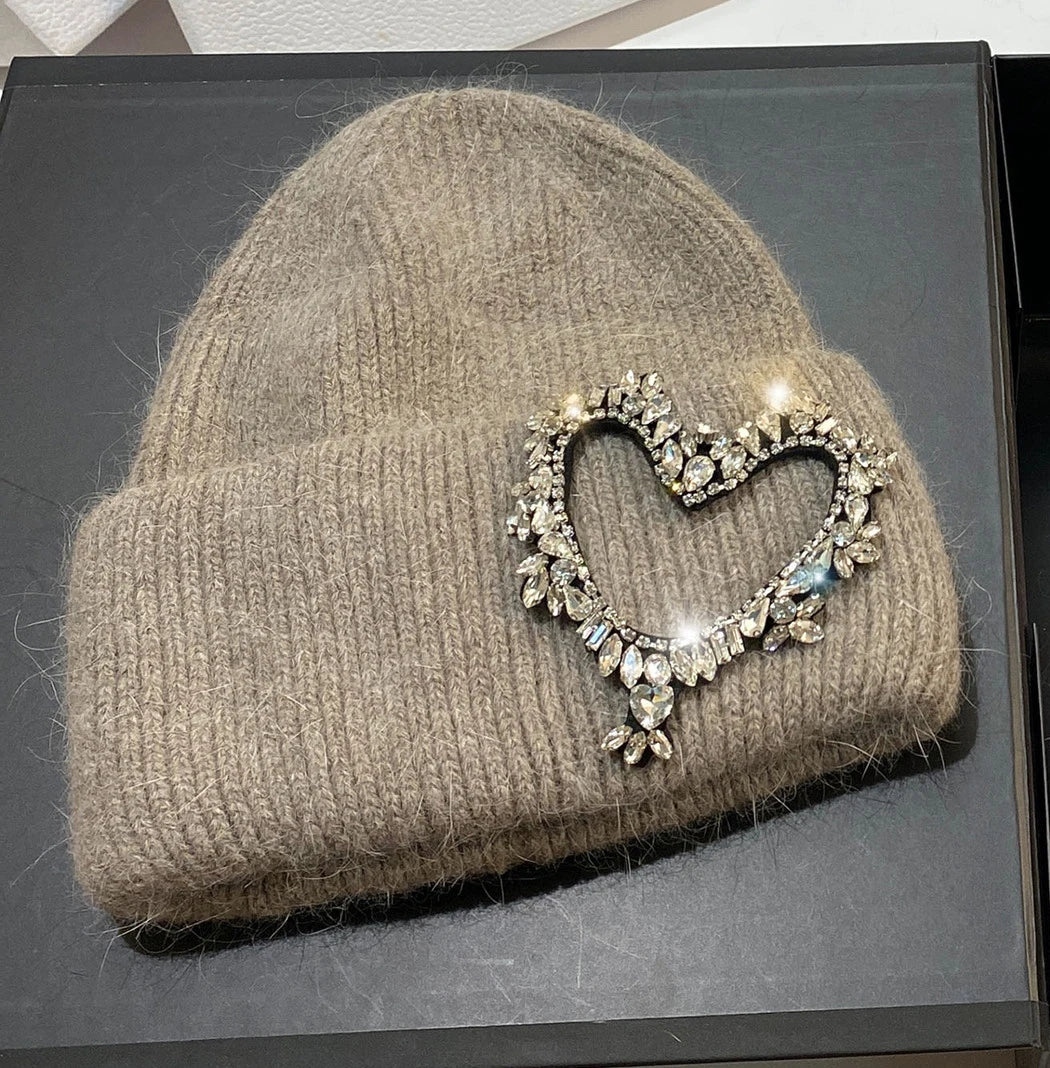 Luxury Heart Rhinestone Winter Beanies Women Solid Color Real Rabbit Fur Knitted Hat Lady Fashion Warm Pullover Caps Gifts camel Adult