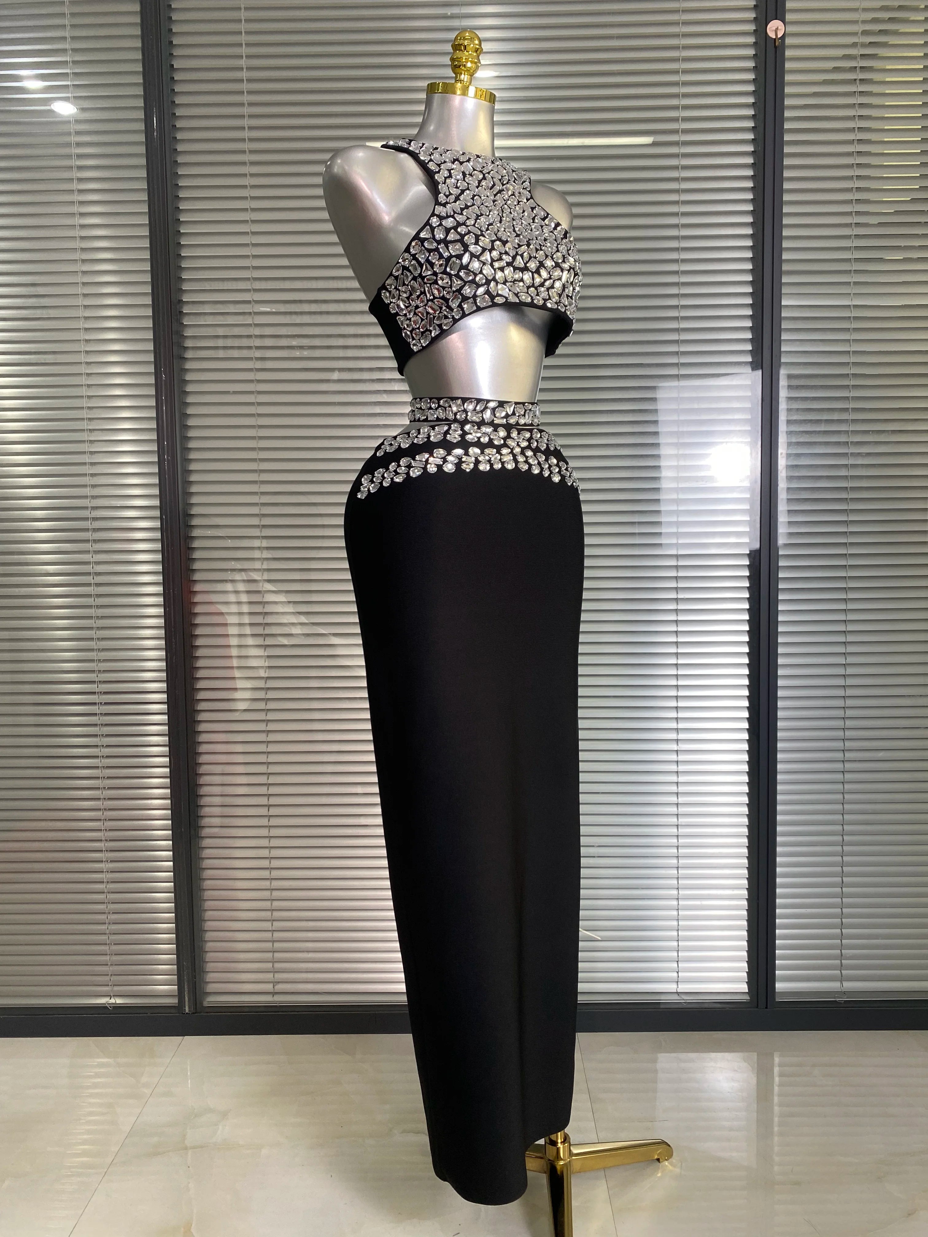 Summer New Women Sexy Sewed Crystal Diamonds Black Long Bandage Two Piece Set Celebrity Evening Party Long Skirt Suits