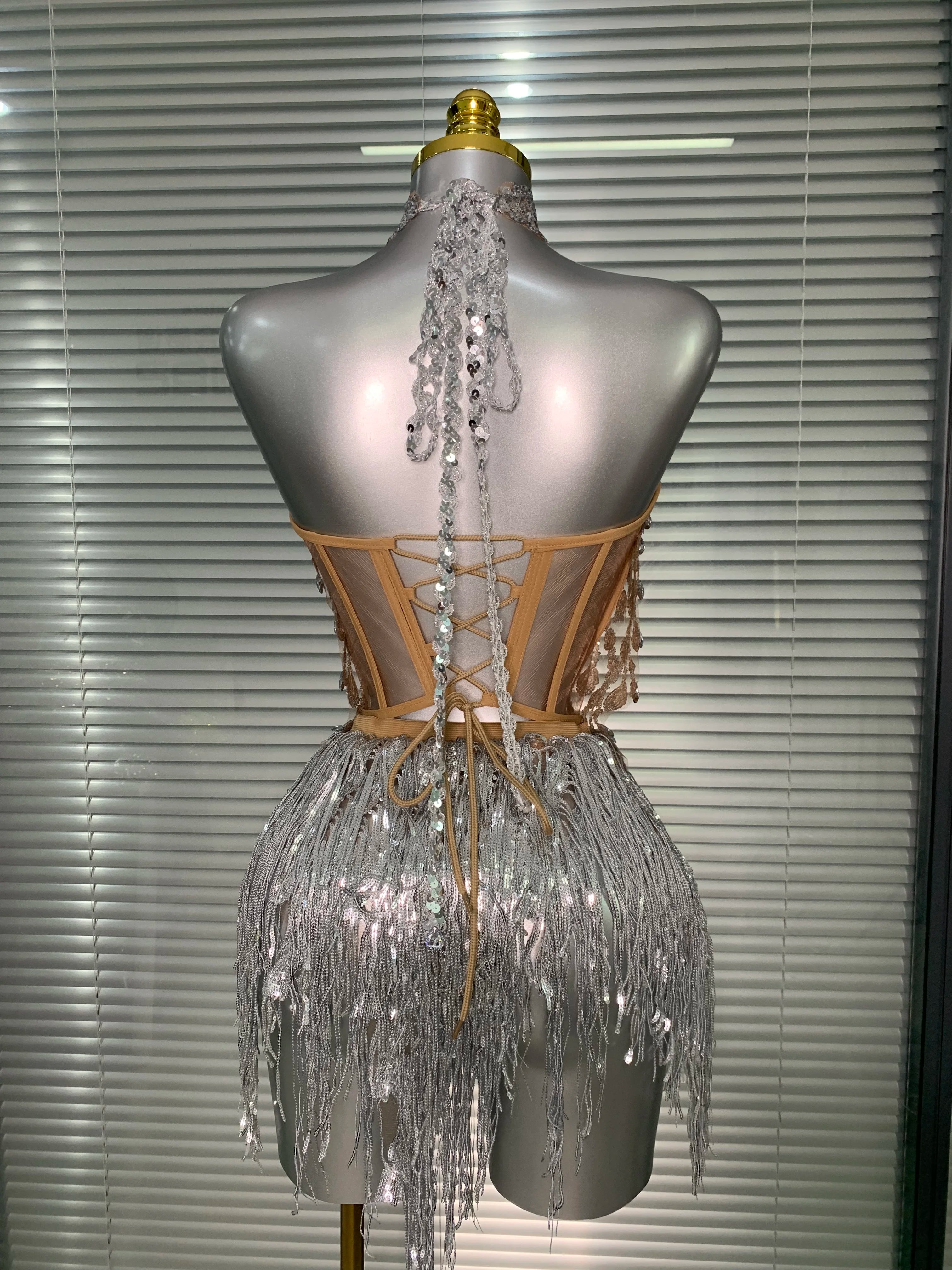 Women Sexy Sequins Silver Sparkly Two Pieces Set Shinning Night Club Skirt Suits Singer Dancer Stage Dancer Costume