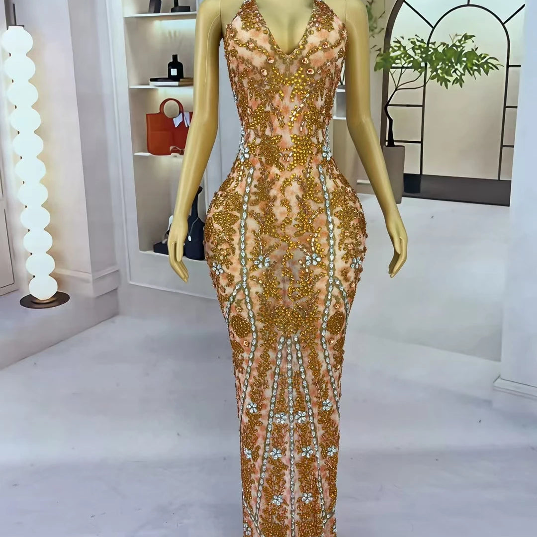 Women's Sexy Backless Strap Deep V Neck Dress Elegant Rhinestone Evening Dress Birthday Celebrate Party Queen Maxi Dress huangye