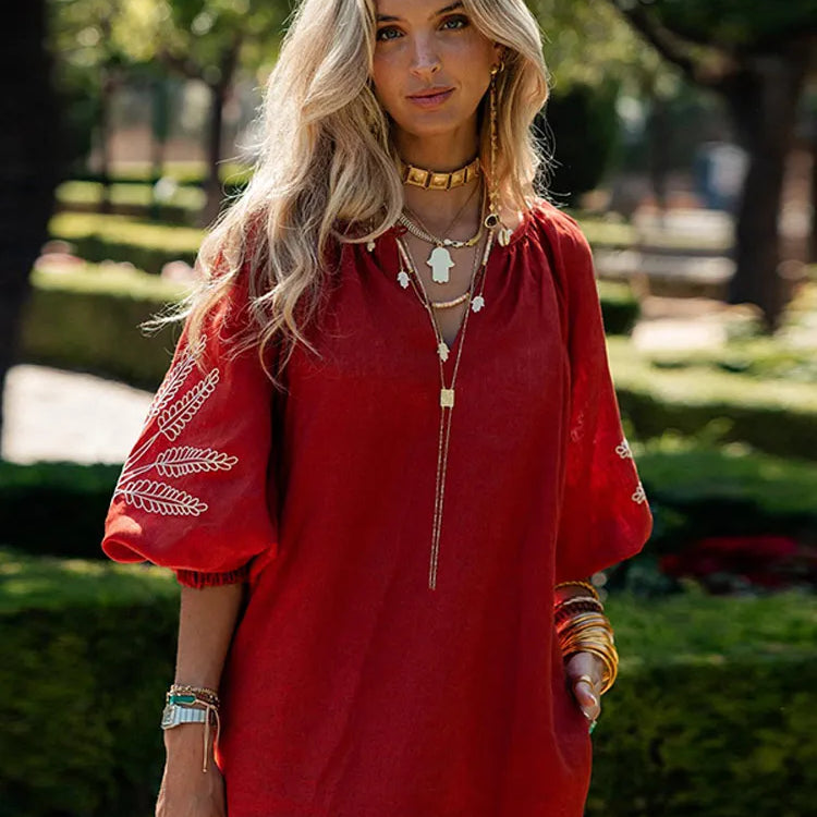 Fashion Linen Printed Women's Slit Maxi Dress Casual Loose V Neck Long Cuff Sleeves Vestidos Spring Lady Vacation Chic Robe