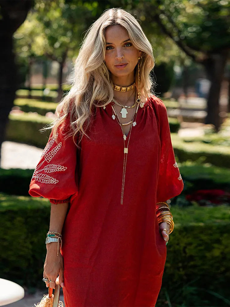 Fashion Linen Printed Women's Slit Maxi Dress Casual Loose V Neck Long Cuff Sleeves Vestidos Spring Lady Vacation Chic Robe