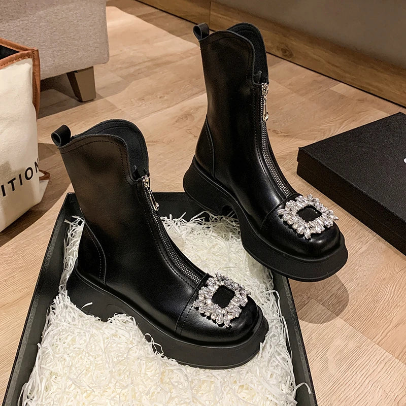 Fashion Crystal Chelsea Boots Women Shoes Spring Summer Ankle Boots Zipper Chunky Snow Punk Goth Gladiator Lady Shoes black