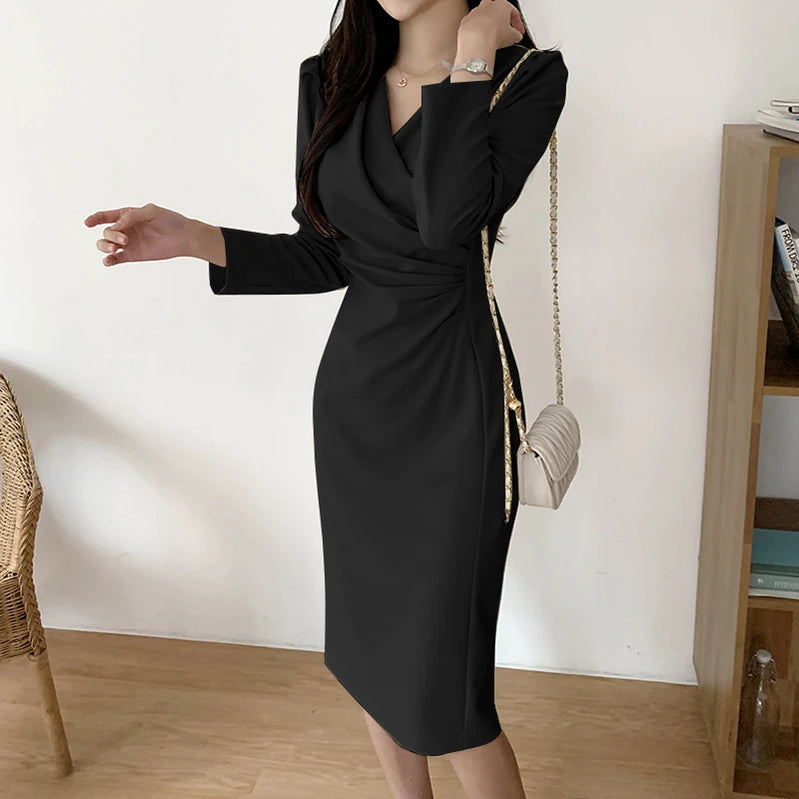 Fashion Bodycorn Dress Spring V-Neck Long Sleeve Sundress Solid Color Pleated Midi Robe Female Elegant Sexy Vestidos black