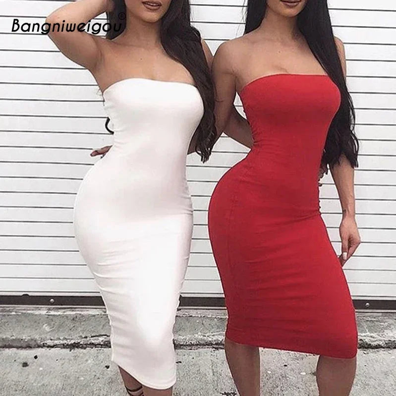 Bangniweigou Sexy Off Shoulder Tube Dress Summer Women Black White Basic Bodycon Sundress Strapless Stretchy Bandage Robe Femme