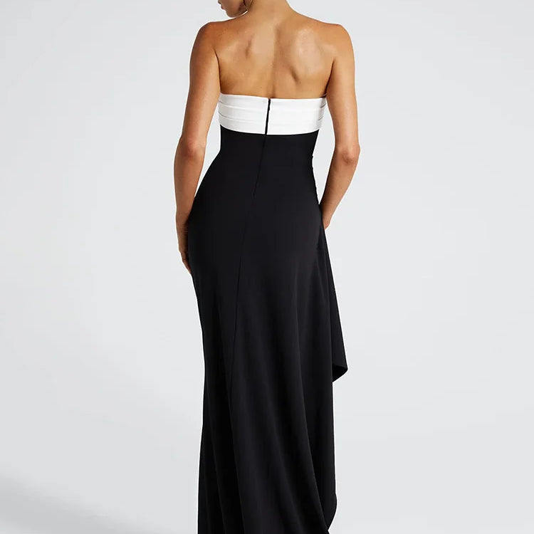 Off-shoulder Strapless Sexy Maxi Dress For Women Contrast Color Patchwork Sleeveless Backless Thigh High Split Dress