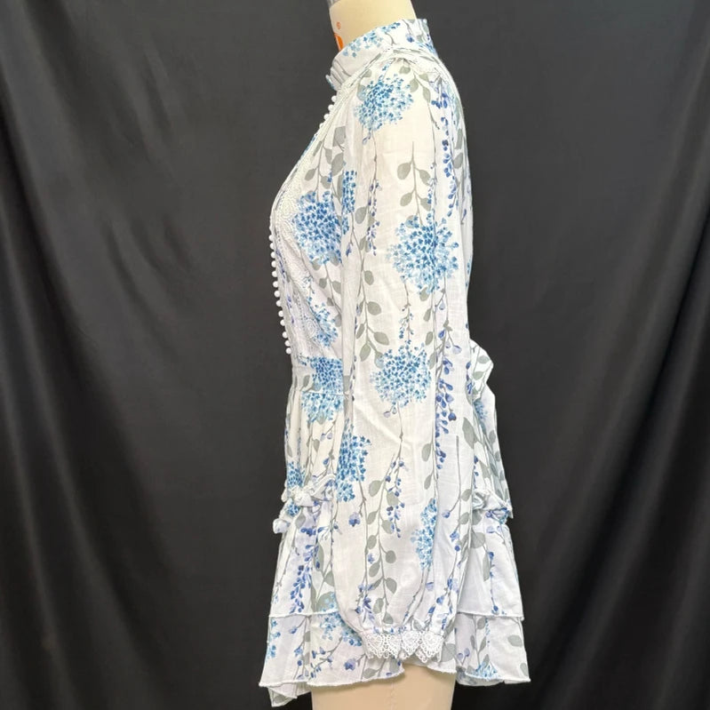 TWOTWINSTYLE Hit Color Spliced Printing Elegant Dresses for Women High Waist Long Sleeves Patchwork Ruffles Folds Dress Female