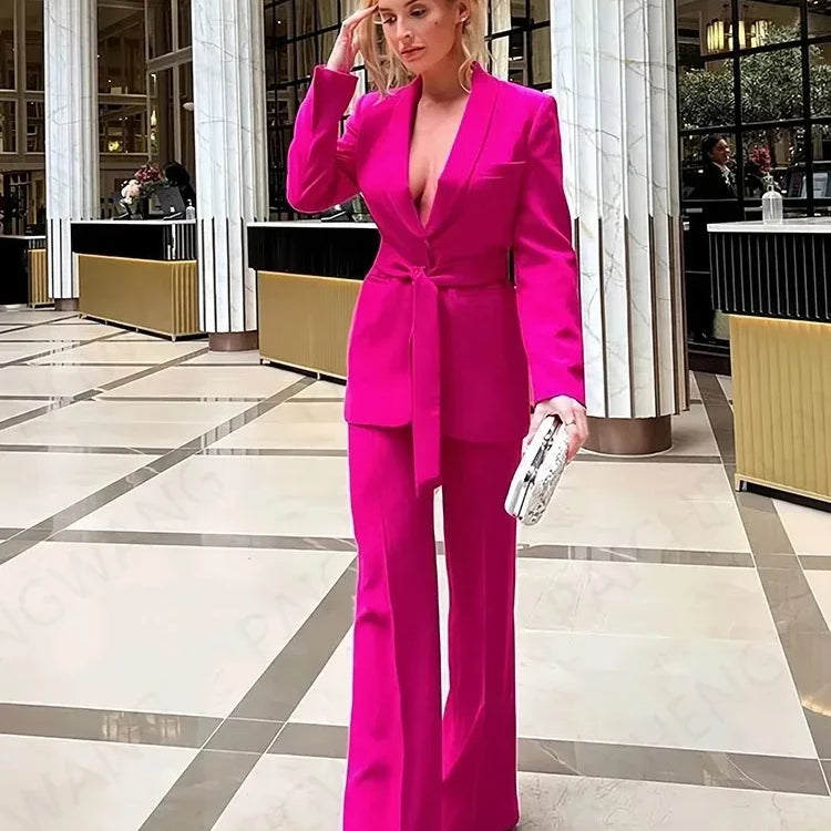 TRAFZA Women's Casual Blazer Chic Outerwear Elegant Flared Trousers Long Sleeve V-Neck Belted Office Commuter Suit Set