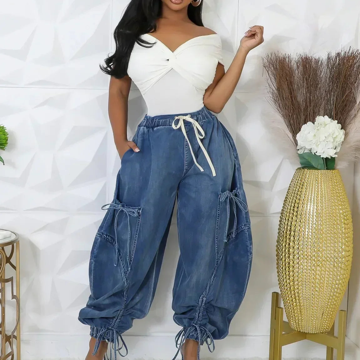 CM.YAYA Women Streetwear Drawstring Fashion Fly Denim Pants 2024 Autumn Loose Safari Style Cargo Harem Hip Hop Jeans
