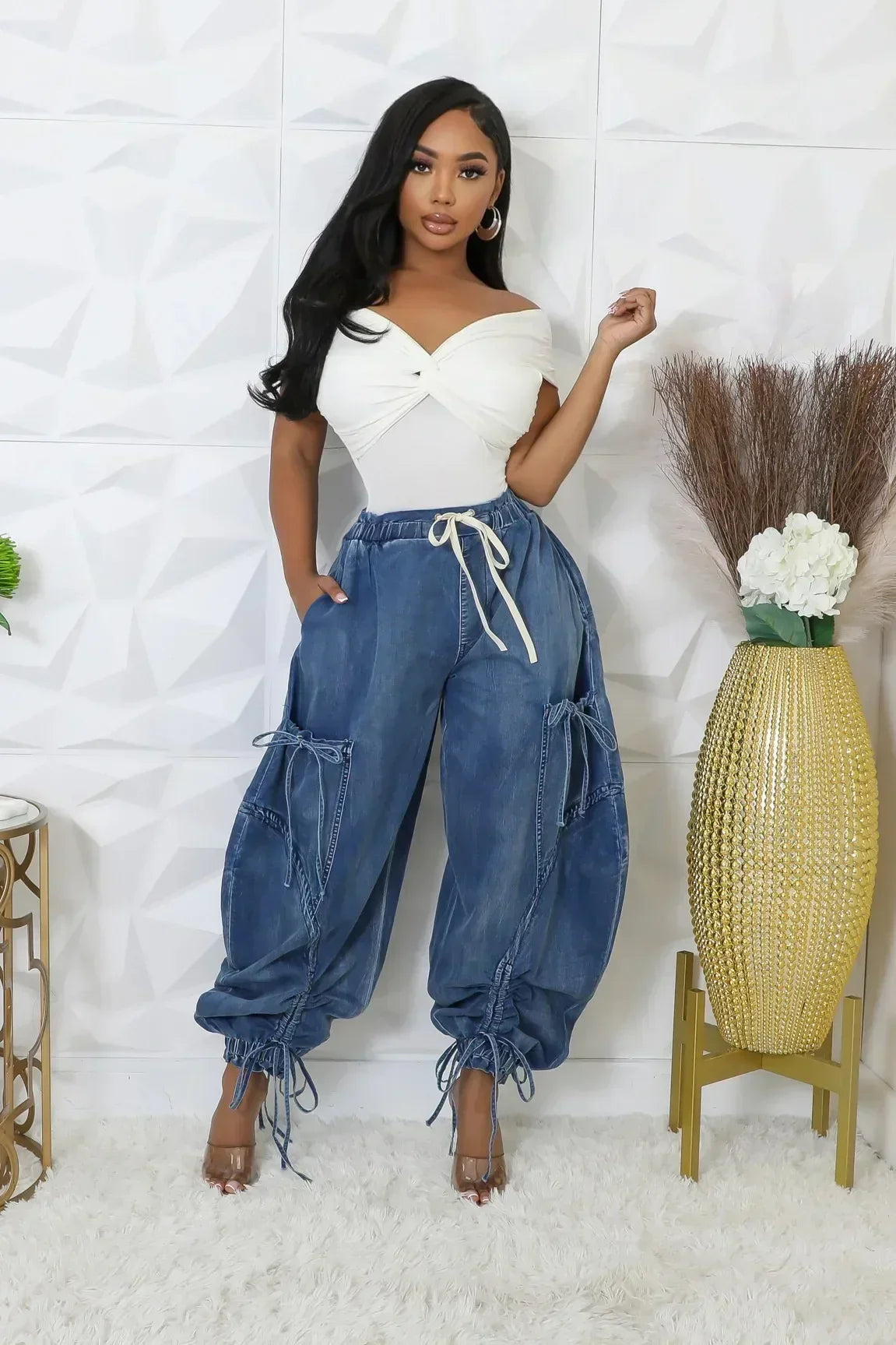 CM.YAYA Women Streetwear Drawstring Fashion Fly Denim Pants 2024 Autumn Loose Safari Style Cargo Harem Hip Hop Jeans