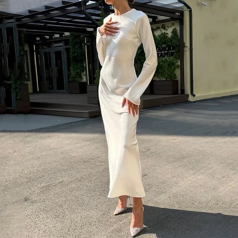 Women Maxi Dress Autumn Elegant Solid Round Neck Loose Satin White Party Long Dresses High Streetwear For Female