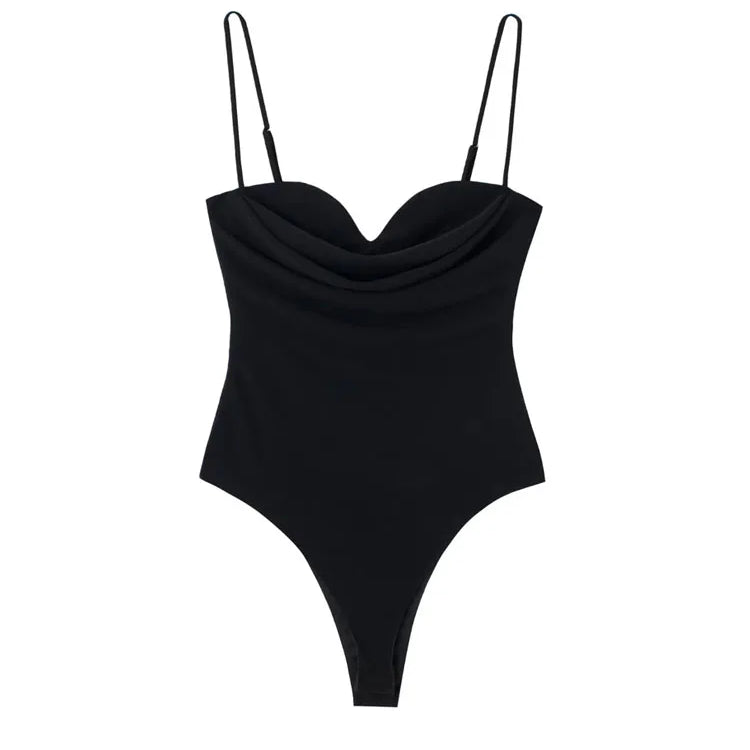 Women Fashion With Sweetheart Neck Draped Bodysuits Vintage Backless Zipper Thin Straps Female Playsuits Mujer