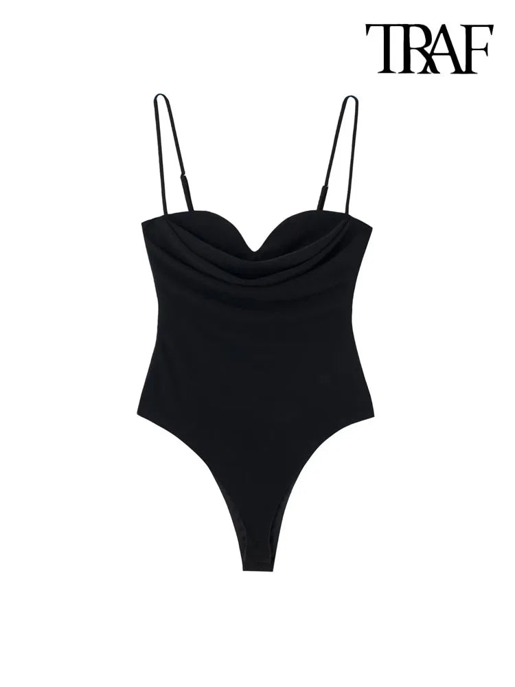 Women Fashion With Sweetheart Neck Draped Bodysuits Vintage Backless Zipper Thin Straps Female Playsuits Mujer