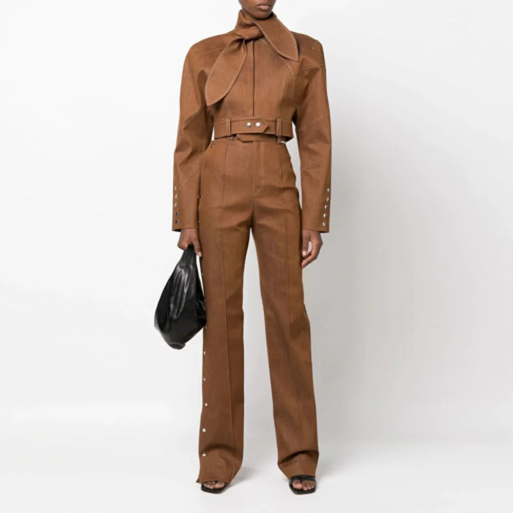 TWOTWINSTYLE Fashion Two Piece Set for Women Stand Neck Long Sleeve Spliced Button Coat High Waist Pants Female Temperament New