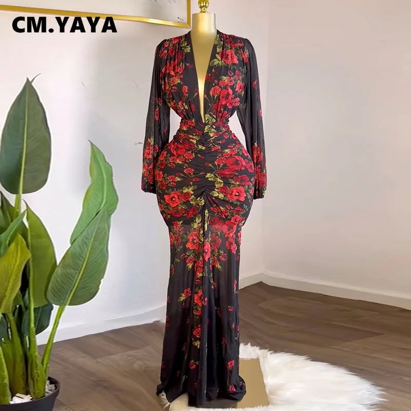 CM.YAYA Women Full Sleeve Floral Print V-neck Elegant Long Dress Ruched Holiday Birthday Evening Sexy Party Dresses Vestidos
