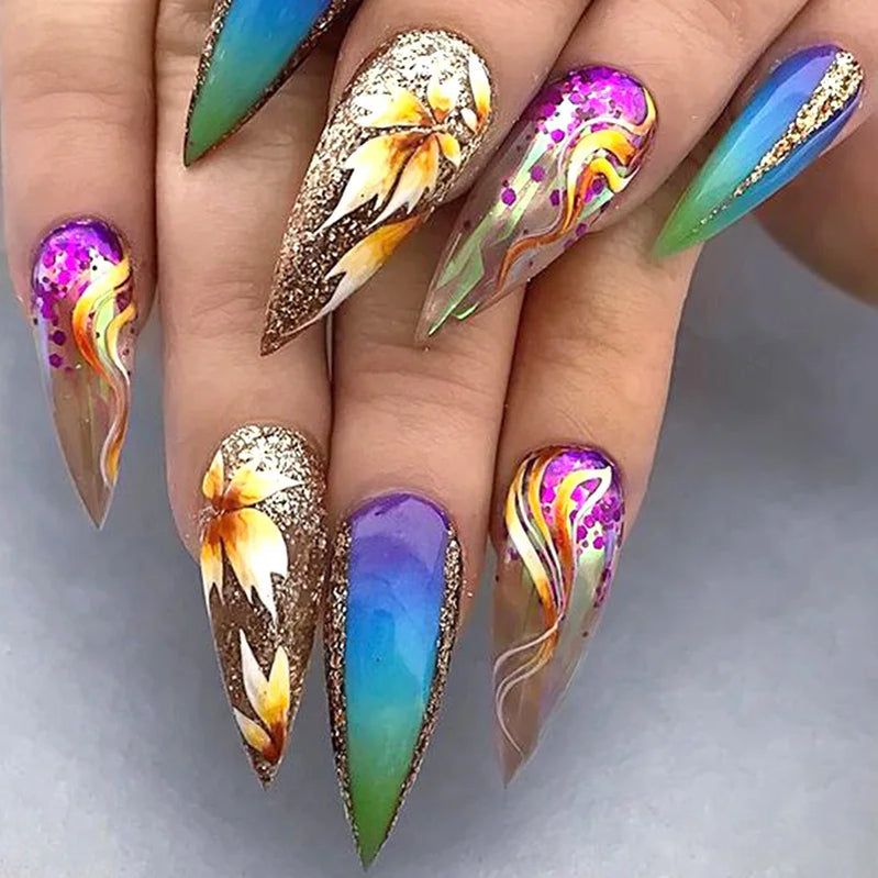 24pcs/set short medium long fake nails for Spring summer season gradient peach flowers butterfly heart press on false nail art
