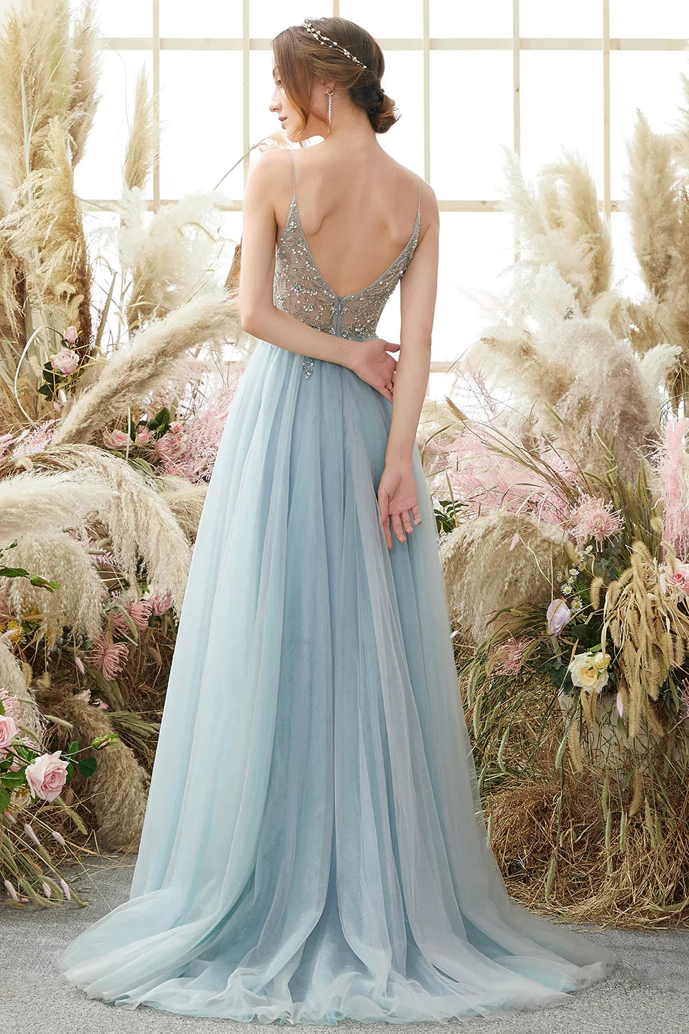 Sexy Prom Dresses with Slit Gorgeous Crystal Beads Backless V Neck Spaghetti Straps Formal Evening Gown