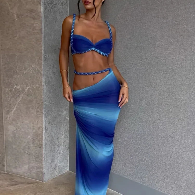 Elegant Contrasting Blue Gradient Bikini Set Fashion Pleated High Waist Women Swimsuit 2025 New Female Vocation Beachwear Robes