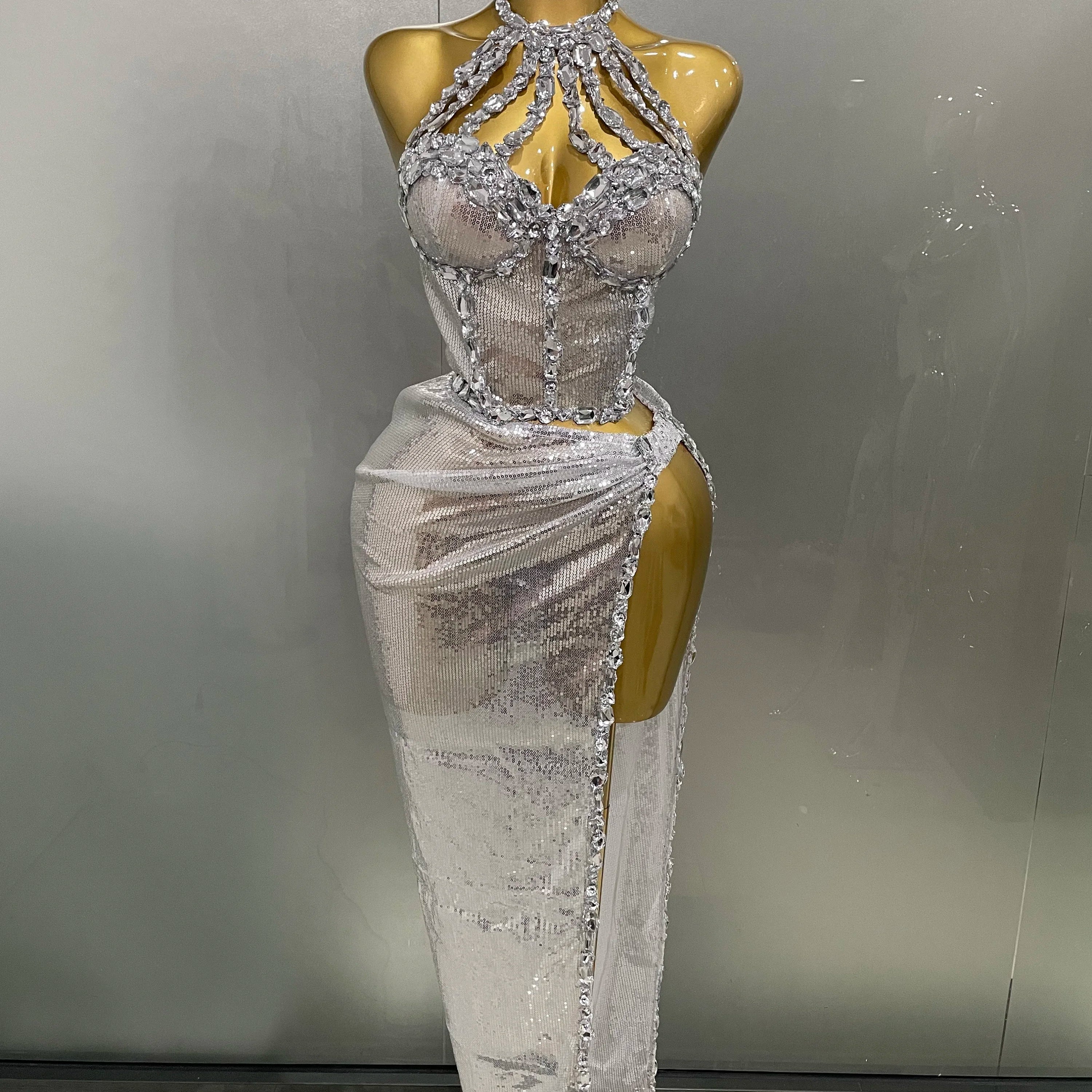 Sexy Luxury Shiny Diamond Sequins Cocktail Dress 2Pcs Set 2025New Women Evening Celebrate Birthday Party Nightclub Stage costume