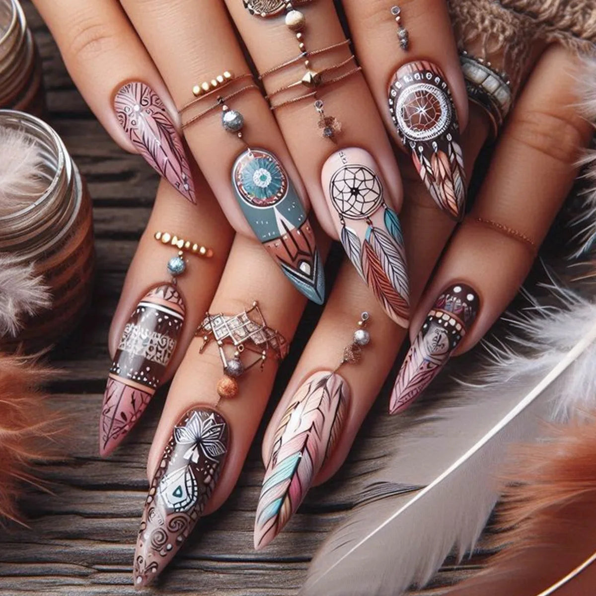 24Pcs Retro French Fake Nails with Moon Leaves Design Wearable Glitter False Nail Mid-length Almond Reusable Press on Nails Art