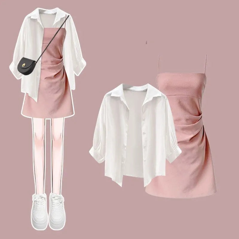 Summer New Dress Matching Set Women's Fashion Sunscreen Shirt Top+Strap Skirt Two Piece Korean Elegant Chic Dresses Suit Pink Set