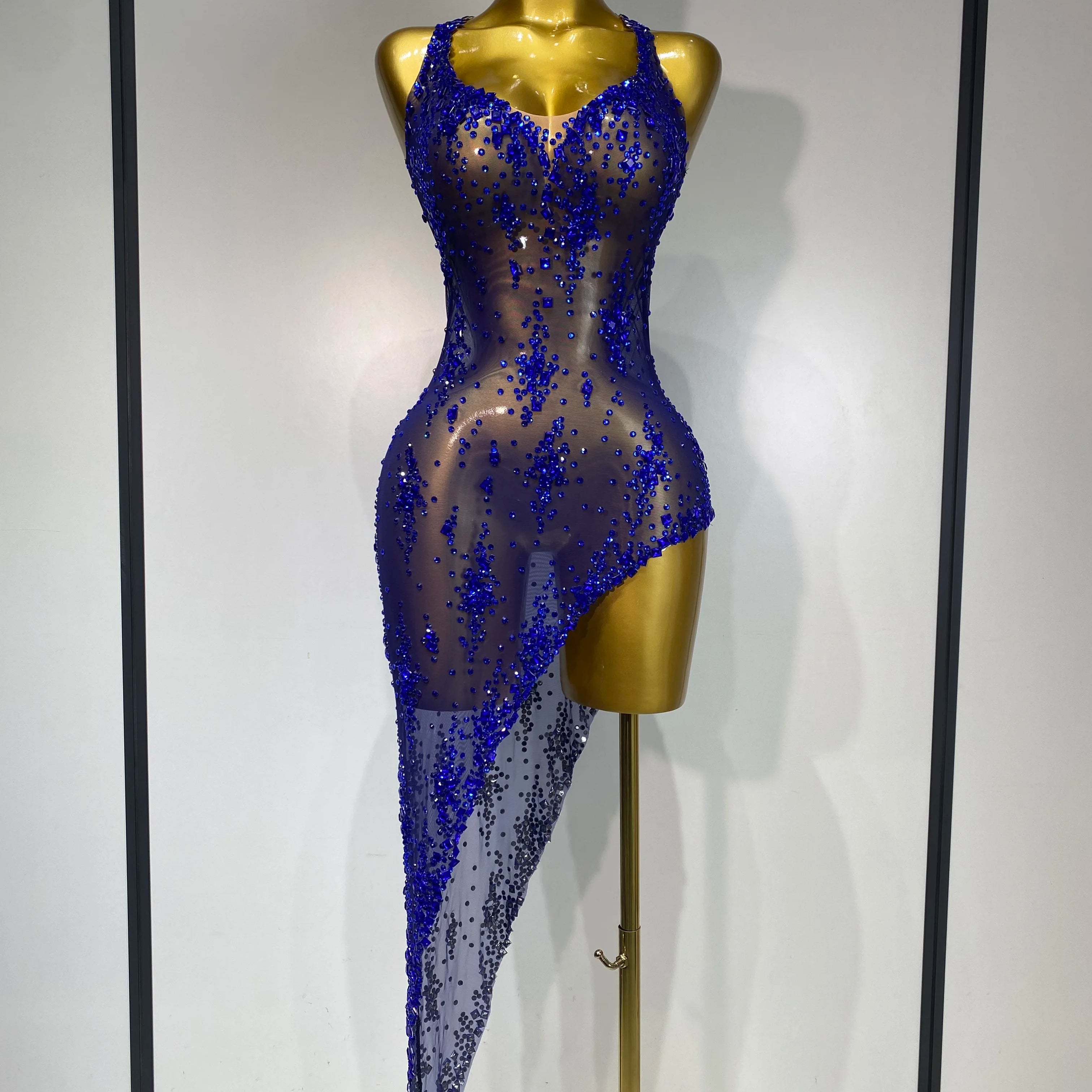 Women Sexy Luxury Birthday Prom Gowns Sparkly Diamond See Through Mesh Stretch Asymmetrical Dress Celebrity Elegant Stage Outfit