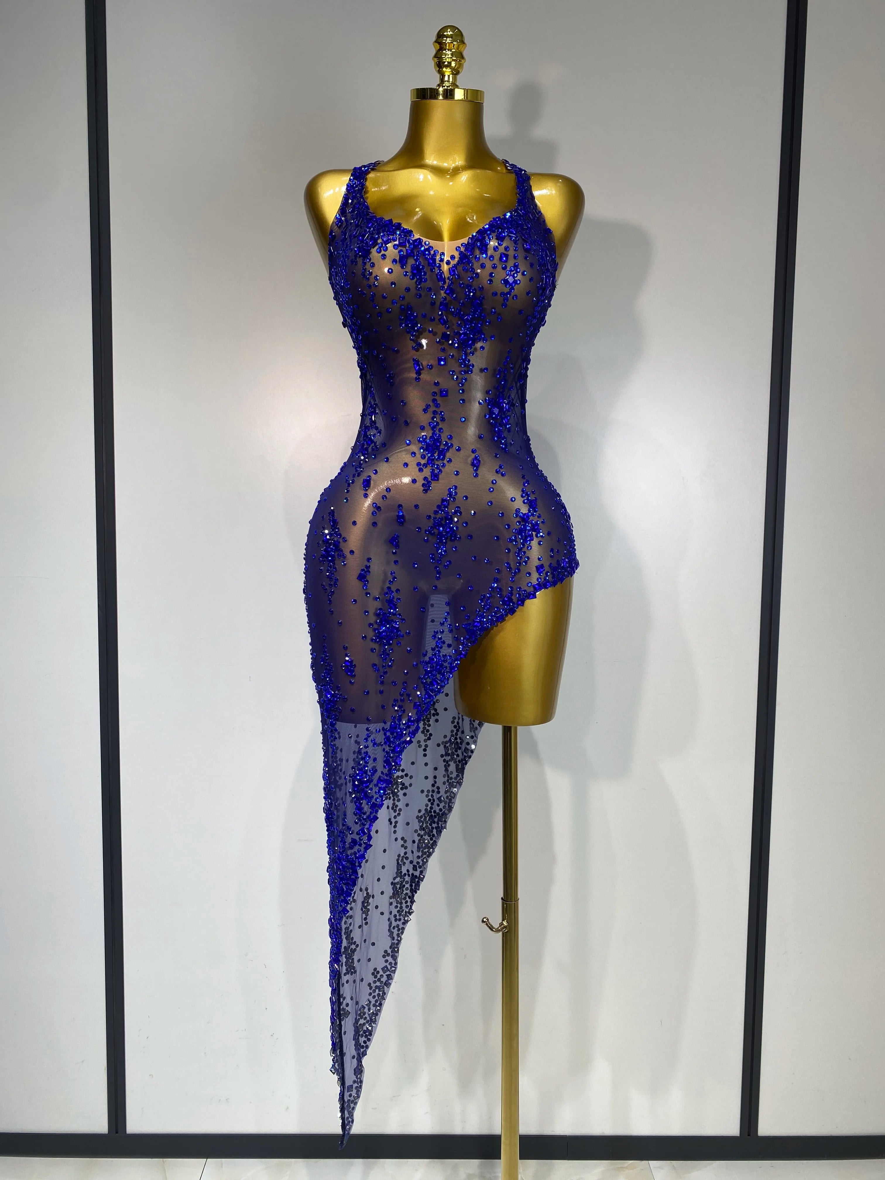 Vestidos sensuais de luxo para mulheres, vestidos de baile de aniversário, brilhantes, diamantes, transparentes, malha elástica, assimétrico, celebridade, elegante, traje de palco