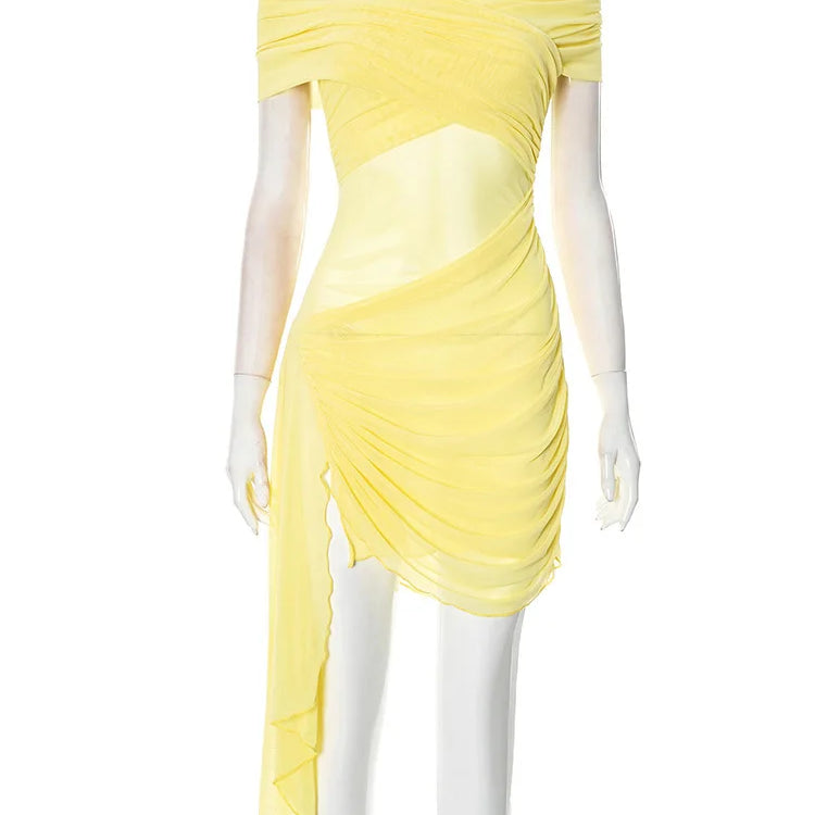 Vestido curto sexy sem alças e ombro de fora para mulheres, moda praia, malha irregular, férias, drapeado, franzido, bodycon