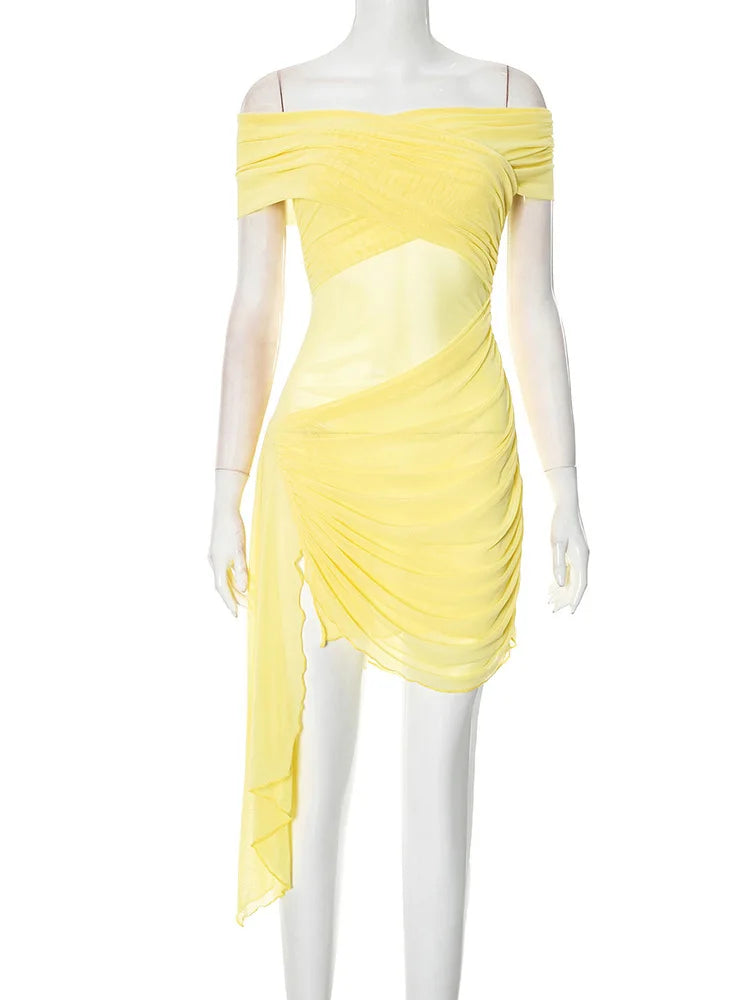 Vestido curto sexy sem alças e ombro de fora para mulheres, moda praia, malha irregular, férias, drapeado, franzido, bodycon