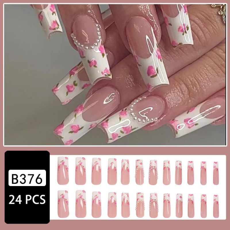 24Pcs Elegant Ballet Press-On Square Nails Pink French Tips with Delicate Floral &Pearl Accents Perfect for Spring Occasions