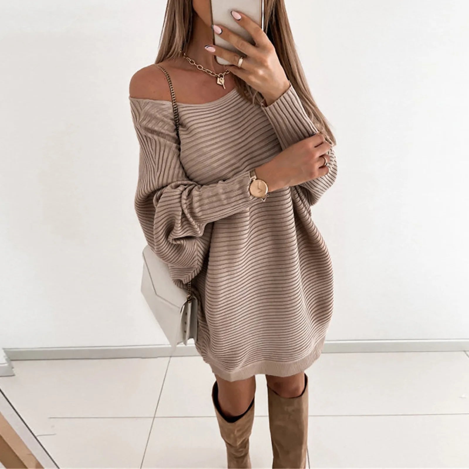 Spring And Autumn Women's Dress Loose Crewneck Off Shoulder Pullover Dress Fashion Solid Colour Commuter Knitted Sweater Dress Khaki