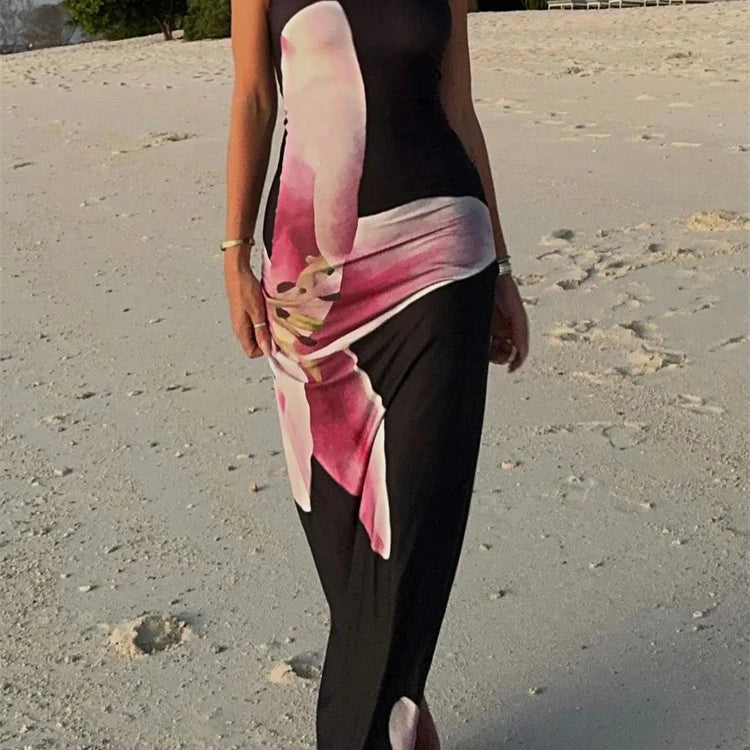 Tossy Contrast Spaghetti Slim Maxi Dress Female Printed Off-Shoulder Fashion Holiday Beach Dress Patchwork Summer Party Dress