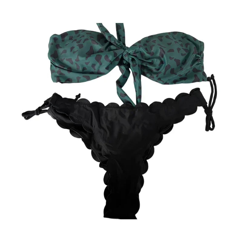 Beach Bikini Woman Sexy Front Lace Up Tie Strapless Leopard Swimsuit Female Push Up Ruffled Bow Bathing Suit Thong Swimwear