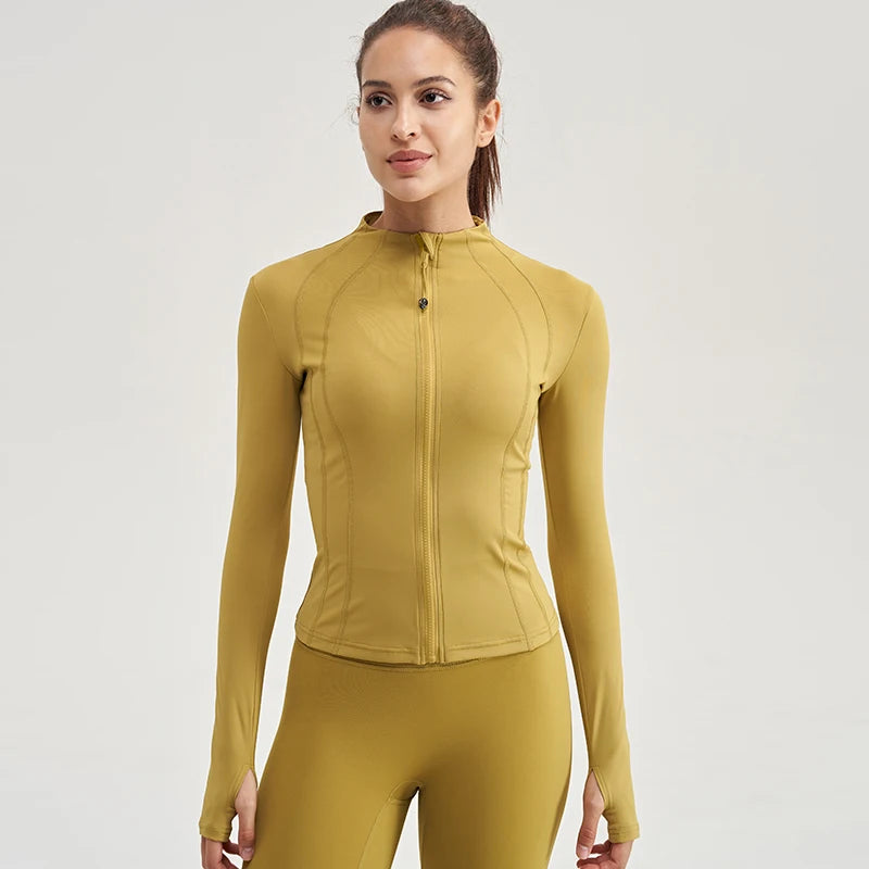 Gym Women's Full Zip Yoga Top With Thumbholes Fitness Running Jacket Stretch Fit Long Sleeve Round Neck-Top Sportswear Ginger