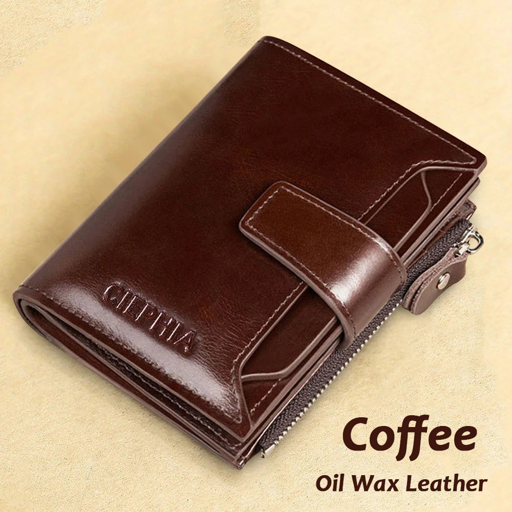 Men's Leather Wallet Vintage Short Multi Function Business Card Holder RFID Blocking Zipper Coin Pocket Money Clip Coffee Oil Leather