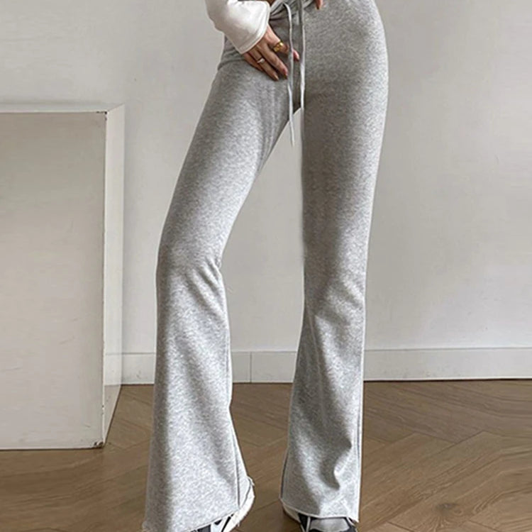 Women Leggings Gray Tie Up Elastic Sweatpants Flared Legging High Waist Pants Slim Casual Sports Black Pants Knitted Trousers