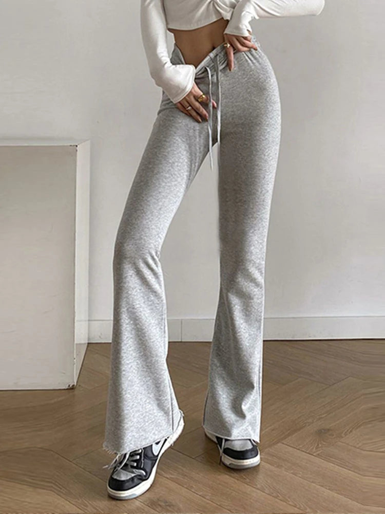 Women Leggings Gray Tie Up Elastic Sweatpants Flared Legging High Waist Pants Slim Casual Sports Black Pants Knitted Trousers